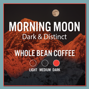 Morning Moon whole bean coffee label, moonlit mountain