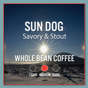 Sun Dog whole bean coffee label with sun